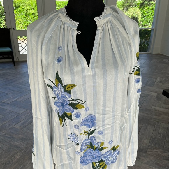 Anthropologie Carolina Blue+White Striped Blouse with Embroidered Flowers, Sz S - Picture 2 of 9